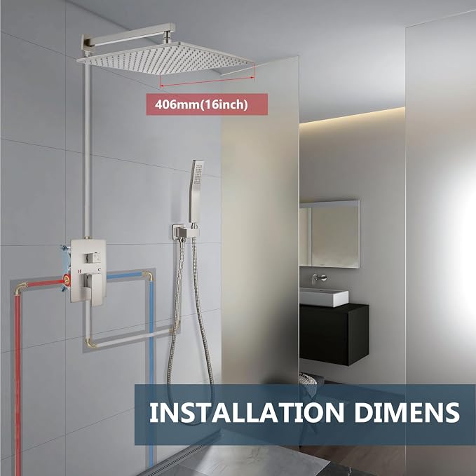 Aolemi Shower Faucet Set with Valve Handheld 16" LED Head Brushed Nickel | Handheld Spray,16 Inch Rain LED Head,Valve and Trim Kit,All Metal,Wall Mount Shower System,Bathroom Mixer
