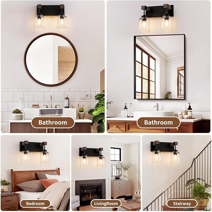 Farmhouse Bathroom Light Fixtures, 2 Light Black Vanity Light, Industrial Style with Clear Glass Shades, Rustic Wood Bathroom Lighting Fixtures Over Mirror for Bedroom, Living Room