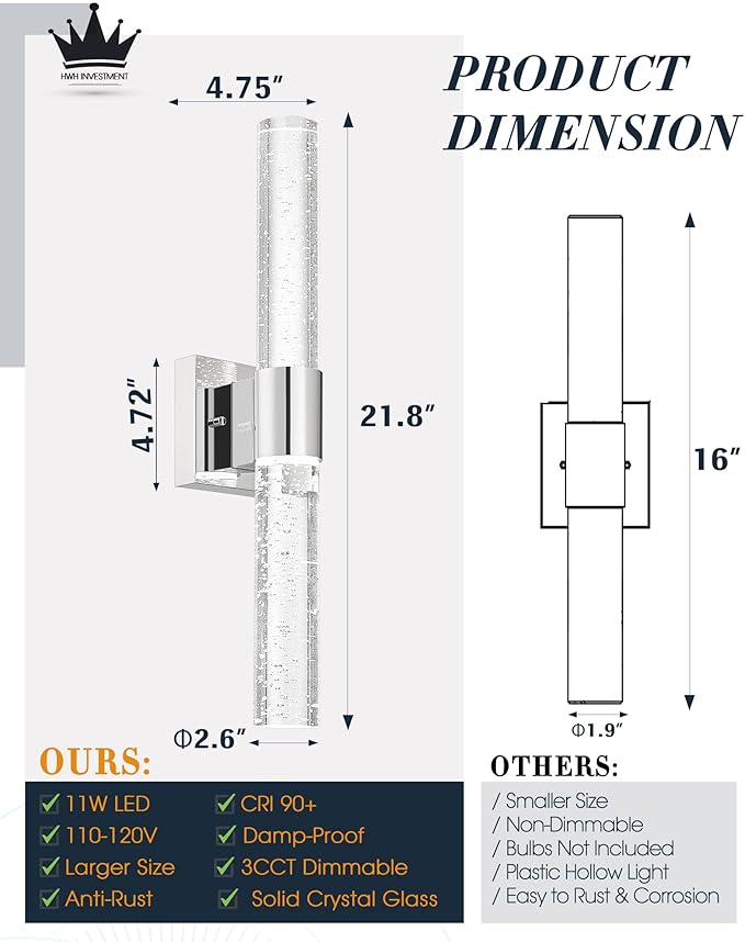 Chrome Vanity Lights, HWH LED Bathroom Lights Over Mirror 11W with Bubble Glass, Modern Wall Sconce Crystal Wall Light Fixtures, 3000K/4000K/5000K Dimmable, 5HW76B-LED CH