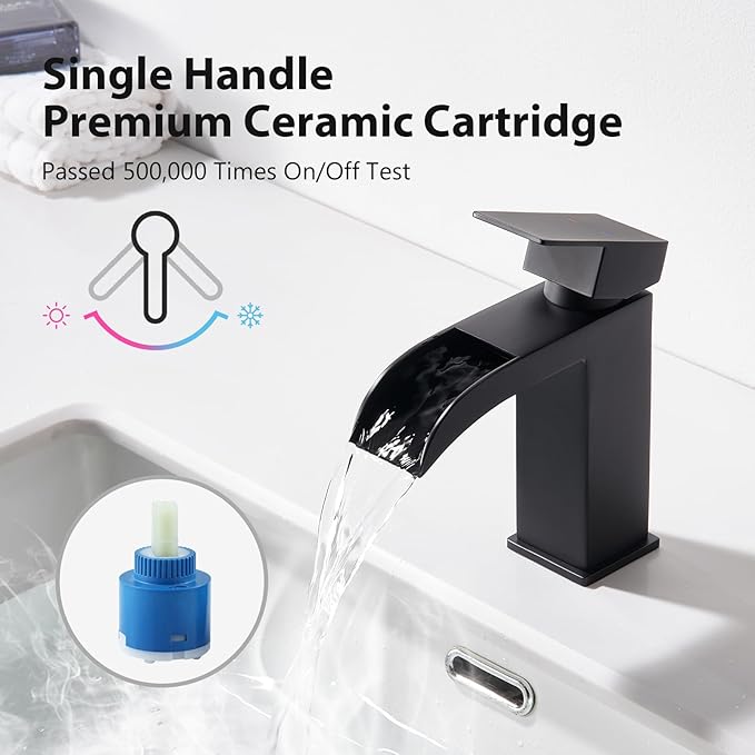 Faustina Black Waterfall Bathroom Faucet 1 Hole Single Handle,Wide Open Spout Waterfall Bathroom Faucet with Pop Up Drain,Stainless Steel Utility Sink Faucet Bathroom Vanity Faucet Basin Mixer Tap