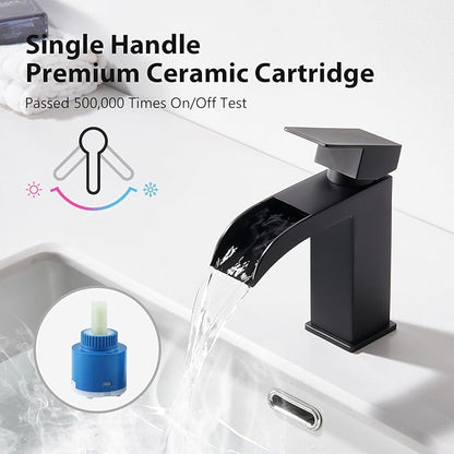 Faustina Black Waterfall Bathroom Faucet 1 Hole Single Handle,Wide Open Spout Waterfall Bathroom Faucet with Pop Up Drain,Stainless Steel Utility Sink Faucet Bathroom Vanity Faucet Basin Mixer Tap