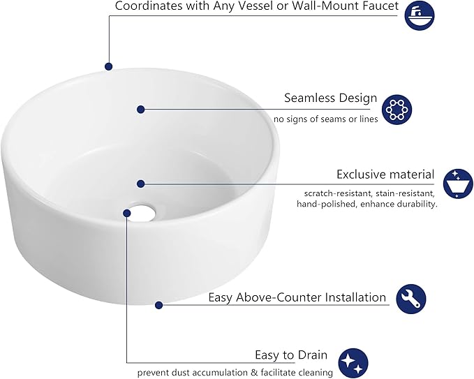 DeerValley DV-1V063 Symmetry White Circular Bowl Bathroom Vessel Sink and Modern Above Counter Porcelain Ceramic Vessel Vanity Sink Art Basin 16"x16"- Round