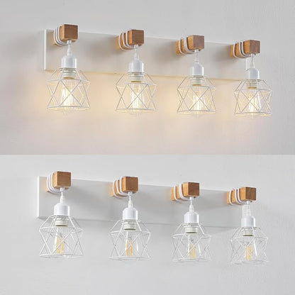 Farmhouse Vanity Light Fixture,4-Light Bathroom Lighting,White Modern Wood Wall Light Over Mirror with Metal Shade,LED Bulbs Not Included