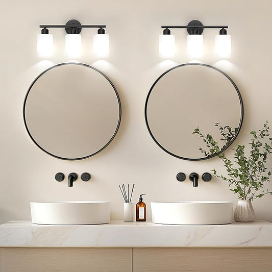 Espird Bathroom Vanity Light Fixtures Matte Black Bathroom Lighting Fixture, 3 Lights Bathroom Light Fixture Over Mirror, Modern Vanity Light, Wall Sconces with Milky White Glass Shades