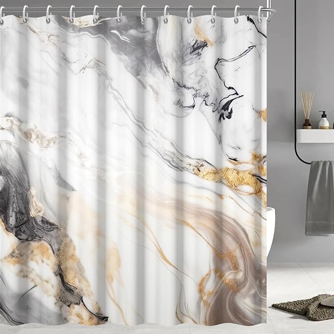 Grey and White Shower Curtain, Modern Grey Marble Shower Curtain for Bathroom Aesthetic Waterproof Shower Curtain Set with Hooks, 72x84 Inch