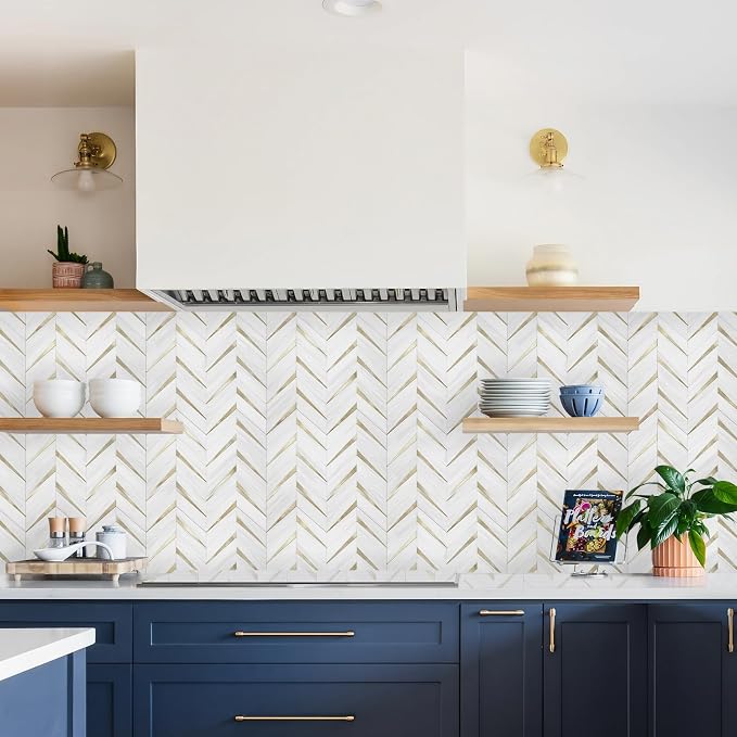 STICKGOO Herringbone Tile Peel and Stick Backsplash for Kitchen&Bathroom | 10-Sheet Self Adhesive Wall Tiles, Dolomite White Mixed Light Gold PVC Stick on Backsplash Tile for Kitchen,Bathroom