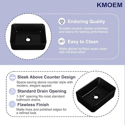 Vessel Sink 16"x12" Rectangular Bathroom Sink Modern Black Porcelain Ceramic Above Counter Drop-in Vanity Sink for Bathrooms Art Basin