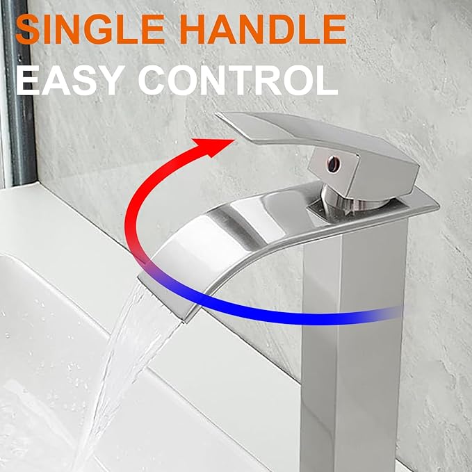 Brushed Nickel Bathroom Vessel Sink Faucet, Waterfall Vessel Faucet, Tall Body 1 Hole Single Handle with Pop Up Drain Without Overflow Combo Vanity Mixer Tap Basin Bowl Sink Silver