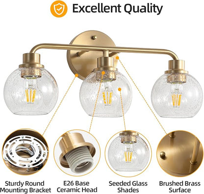 Bathroom Light Fixtures Gold Vanity Light 3 Light Brushed Brass | Wall Sconces Lighting with Seeded Globe Glass Shades Bath Wall Lamp for Mirror Kitchen Living Room Bedroom Hallway