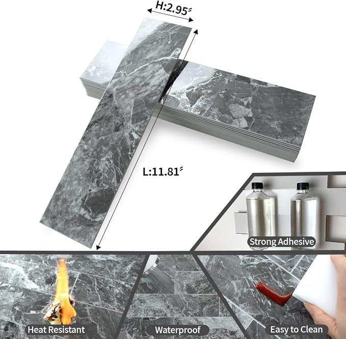 AULIGET 4-Piece Polished Grey Marble with Silver Peel and Stick Backsplash Wall Tiles, 3" x 12" PVC Faux Stone Stick on Tiles for Backsplash Kitchen, Bathroom, Laundry Room, Camper, Fireplace
