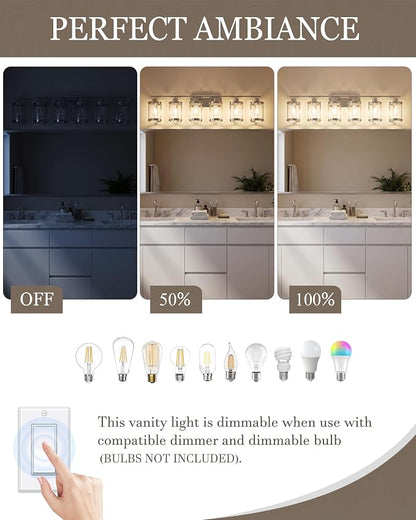 6-Light Brushed Nickel Bathroom Light Fixtures Over Mirror with Clear Glass and Metal Cage Shade, 42" UL-Listed Modern Farmhouse Wall Sconce for Bath, Hardwire E26, OS-3014BN-6W