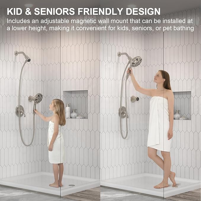 Handheld Shower Head with Magnetic Docking System | 9-Function High Pressure Detachable Shower Head, 5-inch Showerhead with 72 Inch Hose, Remote Dock, Brushed Nickel, SH180-BN-D