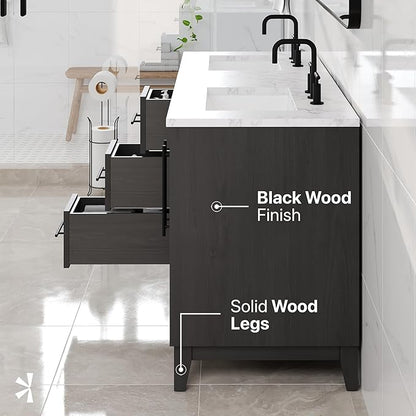 Graham 60 in. Blackwood Double Sink Bath Vanity with Arabescato Engineered Stone Top and Undermount Porcelain Sinks