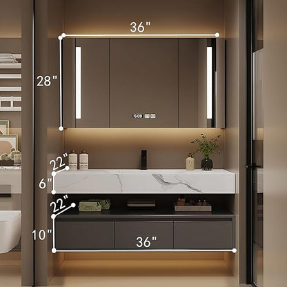 Bathroom Vanity with Sink - Single/Double Sink Bathroom Vanity Cabinet & LED Smart Defogger Mirror Cabinet Set, Modern Floating Vanity, Wall-Mounted Installation (Single Sink, 36")