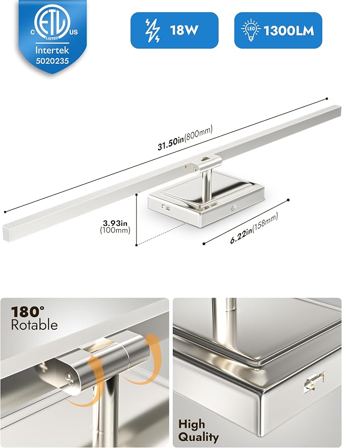 31.5 Inch Modern Bathroom Light Fixture, 18W 5CCT Dimmable LED Chrome Bathroom Vanity Lights Over Mirror, Vanity Lights for Bathrooms Restroom Mirror- ETL Certified