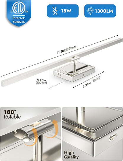 31.5 Inch Modern Bathroom Light Fixture, 18W 5CCT Dimmable LED Chrome Bathroom Vanity Lights Over Mirror, Vanity Lights for Bathrooms Restroom Mirror- ETL Certified