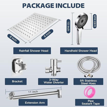 Shower Head, Rain Shower Head with Handheld Spray Combo, 8 Inch Adjustable High Pressure Rainfall Shower Head, Dual Showerhead Set with Extension Arm