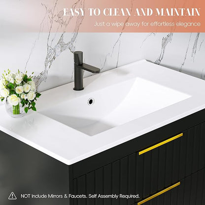30" Bathroom Vanity with Sink, Floating Vanity Bathroom Sink Cabinet Wall Mount, Soft-Close Function 2 Large Drawers, Grooved Stripe Design, Hidden Damping Drawers, Black