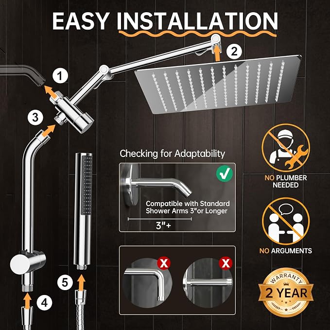 Veken All Metal 12" Luxurious Shower Head with Handheld,Full Body Coverage | Large Detachable 12" Square Rain Showerhead,Dual High Pressure Shower Heads Combo,Power Jet,Overhead Waterfall,Chrome,Silver