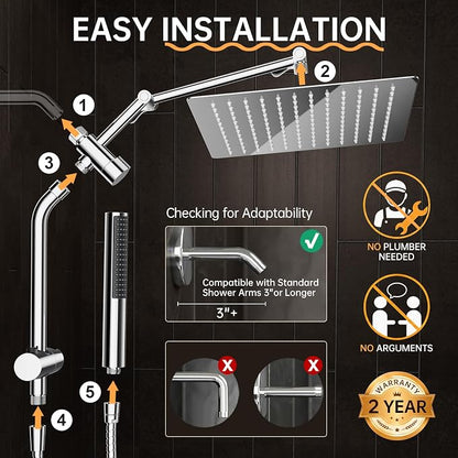 Veken All Metal 12" Luxurious Shower Head with Handheld,Full Body Coverage | Large Detachable 12" Square Rain Showerhead,Dual High Pressure Shower Heads Combo,Power Jet,Overhead Waterfall,Chrome,Silver