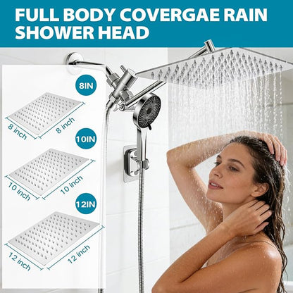 Shower Head, Rain Shower Head with Handheld Spray Combo, 12Inch Adjustable High Pressure Rainfall Shower Head, Dual Showerhead Set with Extension Arm
