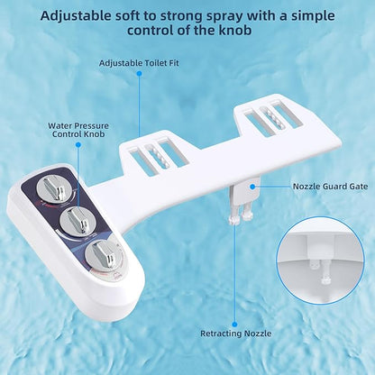 Hibbent Bidet Attachment for Toilet with Self Cleaning Dual Nozzle, Hot and Cold Water Spray Non-Electric Mechanical Toilet Seat Bidet for Rear or Female Washing Sanitizing, Blue