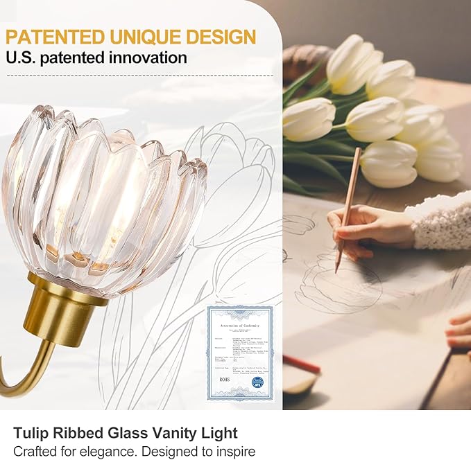 Bathroom Vanity Light (2-Light, 15 in), Brushed Gold Vanity Lights for Bathroom with Ribbed Clear Tulip Glass Shade, Vintage Vanity Wall Lights for Mirror Bedroom Living Room Hallway