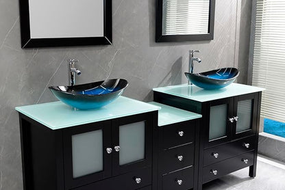 76" Freestanding Wooden Modern Bathroom Vanity with Double Vessel Sink Set Bathroom Mirror Included (Black, Art Sink)