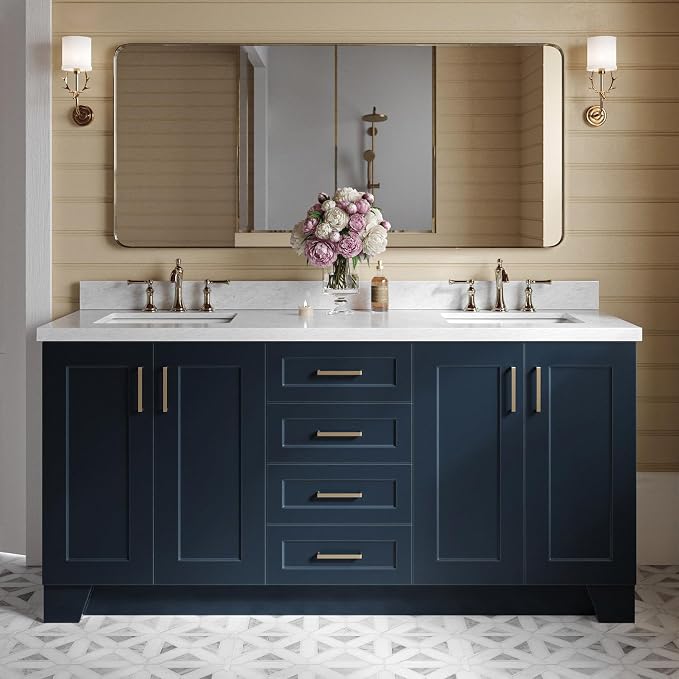 ARIEL Taylor 72-inch Bathroom Vanity with Sink,Solid Wood, 1.5-inch Italian Carrara Marble Countertop, Double Rectangular Porcelain Sink, 4 Soft Closing Doors, 6 Dovetail Drawers, Midnight Blue