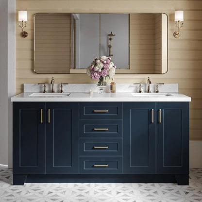 ARIEL Taylor 72-inch Bathroom Vanity with Sink,Solid Wood, 1.5-inch Italian Carrara Marble Countertop, Double Rectangular Porcelain Sink, 4 Soft Closing Doors, 6 Dovetail Drawers, Midnight Blue