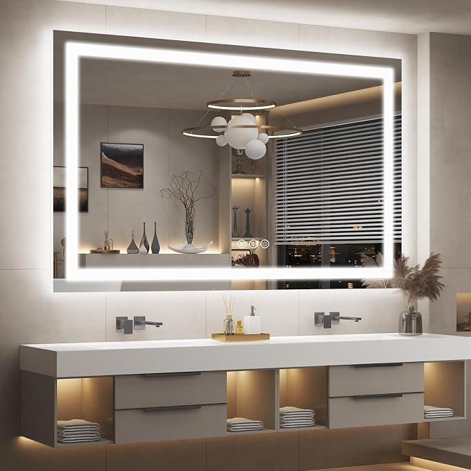 60x38 LED Lighted Bathroom Mirror for Vanity Wall | Front Light and Backlit, Anti-Fog, Memory, 3 Color, Tempered Glass, Dimmable, Rectangular, UL, Horizontal/ Vertical Mounted