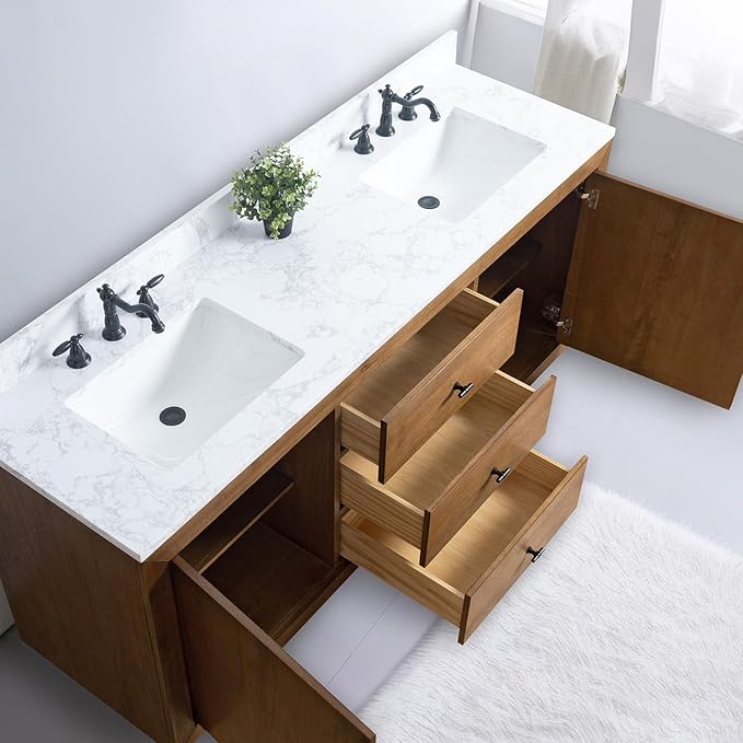Vanity Art 72 inch Double Sink Bathroom Vanity, Solid Poplar Wood, Vanity Cabinet with Doors and Shelf, Modern Wood Bathroom Vanity with White Marble Top 3 Functioning Drawers, VA70-72-DT-E