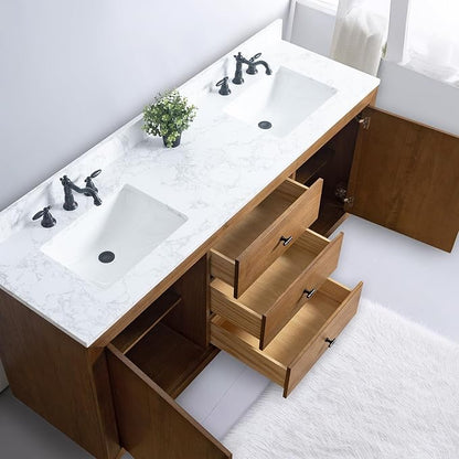 Vanity Art 72 inch Double Sink Bathroom Vanity, Solid Poplar Wood, Vanity Cabinet with Doors and Shelf, Modern Wood Bathroom Vanity with White Marble Top 3 Functioning Drawers, VA70-72-DT-E
