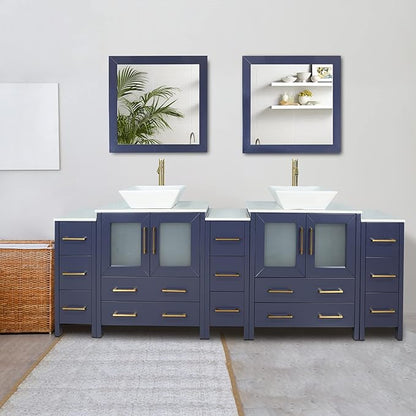 Vanity Art 96 Inch Vessel Double Sink Bathroom Vanity Cabinet with 2 Mirrors, Engineered Marble Top Bathroom Cabinet Compact Set with 13 Dovetail Drawers and Soft Closing Doors, VA3130-96B