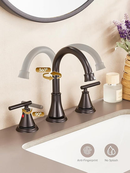 Fransiton Black 8 Inch Widespread Bathroom Sink Faucet 3 Hole,2-Pack Bathroom Vanity Faucet with Metal Pop-up Drain Assembly, 2 Handle Basin Supply Hoses
