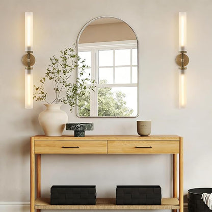 30" 2 Lights Hardwired Frosted Glass 2 PC Bathroom Wall Sconces, Handmade Knurled Brass Wall Light Fixture,Modern Vanity Light for Living Room,Hallway, Bedroom, Indoor Sconces