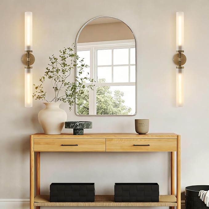 30" 2 Lights Hardwired Frosted Glass Bathroom Wall Sconces, Handmade Knurled Brass Wall Light Fixture,Modern Vanity Light for Living Room,Hallway, Bedroom, Indoor Wall Lamp, Bulb Included