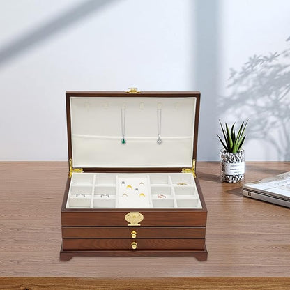 Extra Large 3 Layers Wooden Jewelry Box Jewelry Case Cabinet Armoire Ring Necklacel Gift Storage Box Organizer(3 Layers,Brown)