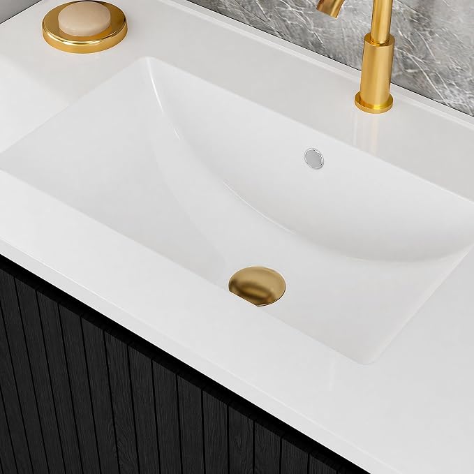 30 Inch Floating Bathroom Vanity with Ceramic Sink, Modern Striped Wall Mount Vanity Cabinet with Compartmentalized Storage Drawer, Black
