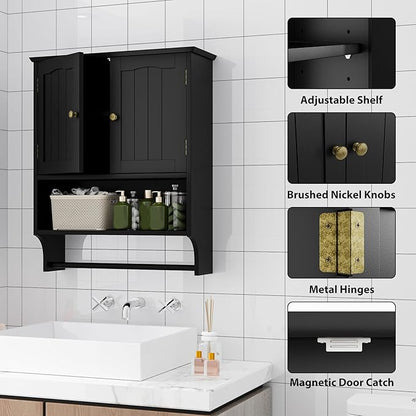 Black Bathroom Cabinet with Towel Rack, Bathroom Wall Cabinet with 2 Doors and Adjustable Shelf, Medicine Cabinet Wall Mount, Over The Toilet Storage