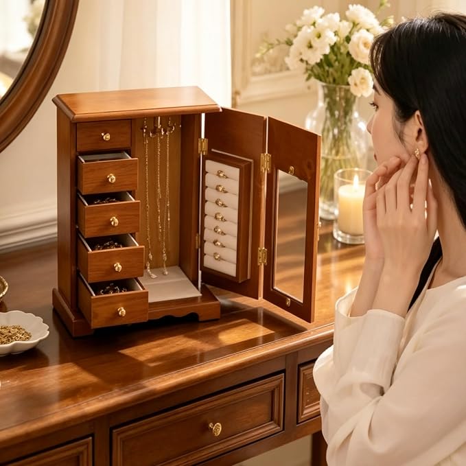 Vintage Wood Jewelry Box with 5 Drawers, Desktop Jewelry Organizer with Glass Door & Mirror, Necklace Ring Storage Display Case Built-in Necklace Carousel, Brown (Light Brown, 5 Drawers)