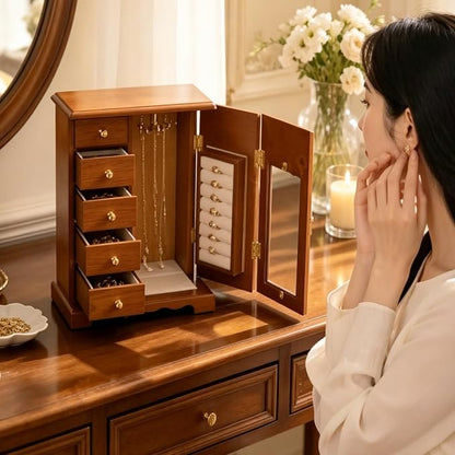 Vintage Wood Jewelry Box with 5 Drawers, Desktop Jewelry Organizer with Glass Door & Mirror, Necklace Ring Storage Display Case Built-in Necklace Carousel, Brown (Light Brown, 5 Drawers)