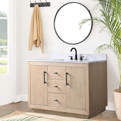 Vanity Art 48" Bathroom Vanity with Sink, Vanity Cabinet with Doors and Shelf, Modern Wood Bathroom Vanity with White Marble Top, Solid Wood Frame, 3 Functioning Drawers,VA70-48-LW-E