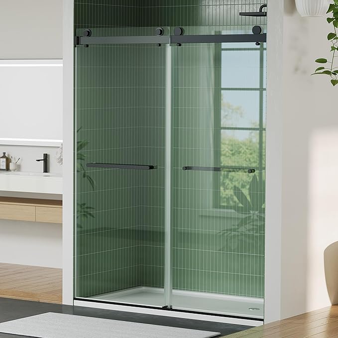 Framed Shower Door 44-48 inch W×74 inch H – Glass Shower Door, Stainless Steel Square Rail, Double Sliding Shower Glass Door, 6mm Tempered Glass, Matte Black