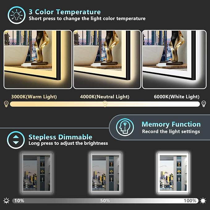24x32 Black LED Bathroom Mirror, Backlit & Front Lit Lighted Mirror | Metal Framed Anti-Fog Vanity Mirror with Lights, 3 Color Dimmable, Memory, Tempered Glass, CRI95, IP54, Horizontal/Vertical