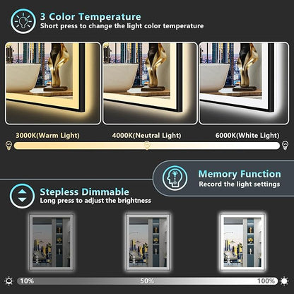 24x32 Black LED Bathroom Mirror, Backlit & Front Lit Lighted Mirror | Metal Framed Anti-Fog Vanity Mirror with Lights, 3 Color Dimmable, Memory, Tempered Glass, CRI95, IP54, Horizontal/Vertical