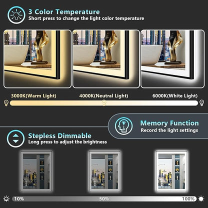 28x32 Black Framed LED Bathroom Mirror with Lights, Backlit and Front Lit Anti-Fog Lighted Vanity Mirrors for Bathroom Wall, Dimmable, 3 Colors, Memory, HD Tempered Glass, Horizontal/Vertical