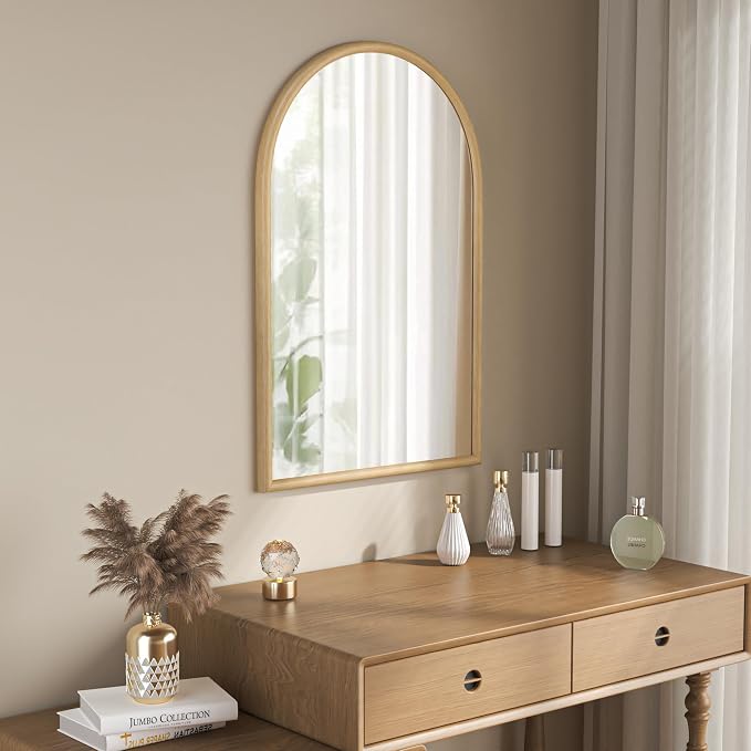 24"x36" Arch Wall Mirror for Wall, Wall Mounted Vanity Mirror for Bedroom, Wood Grain Finish Frame Mirror with Tempered Glass, Vintage Decorative for Bathroom, Entryway, Living Room, Natural