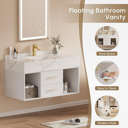 Bathroom Vanity with Sink, 39.3" Floating Bathroom Vanity Set Modern Wall-Mounted Cabinet with Sintered Stone Countertop, Undermount Sink & White Finish, Easy to Clean