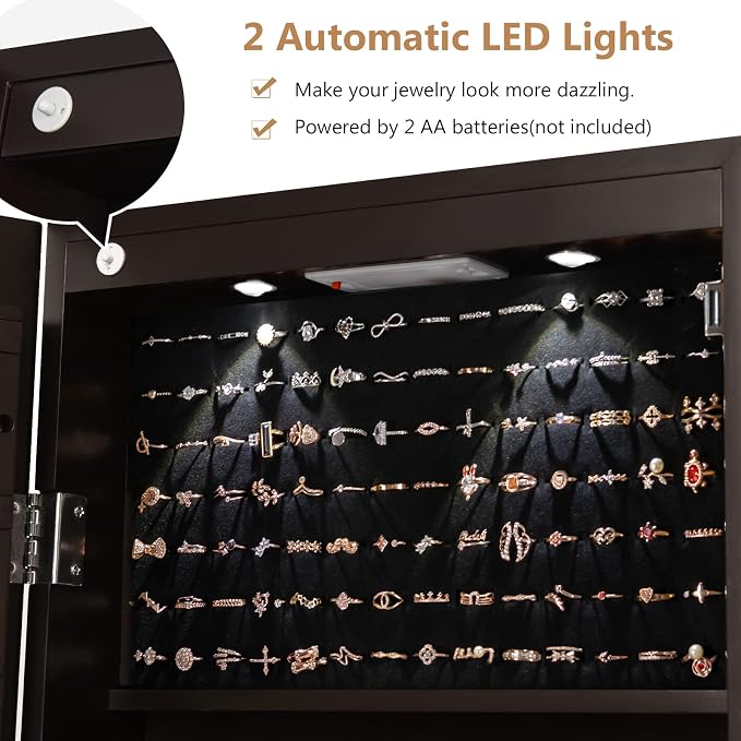 COSTWAY Wall Mounted Jewelry Armoire with Full Length Mirror & 2 LED Lights, Large Storage Capacity, Lockable Mirror Jewelry Cabinet for Women Girls (Brown)